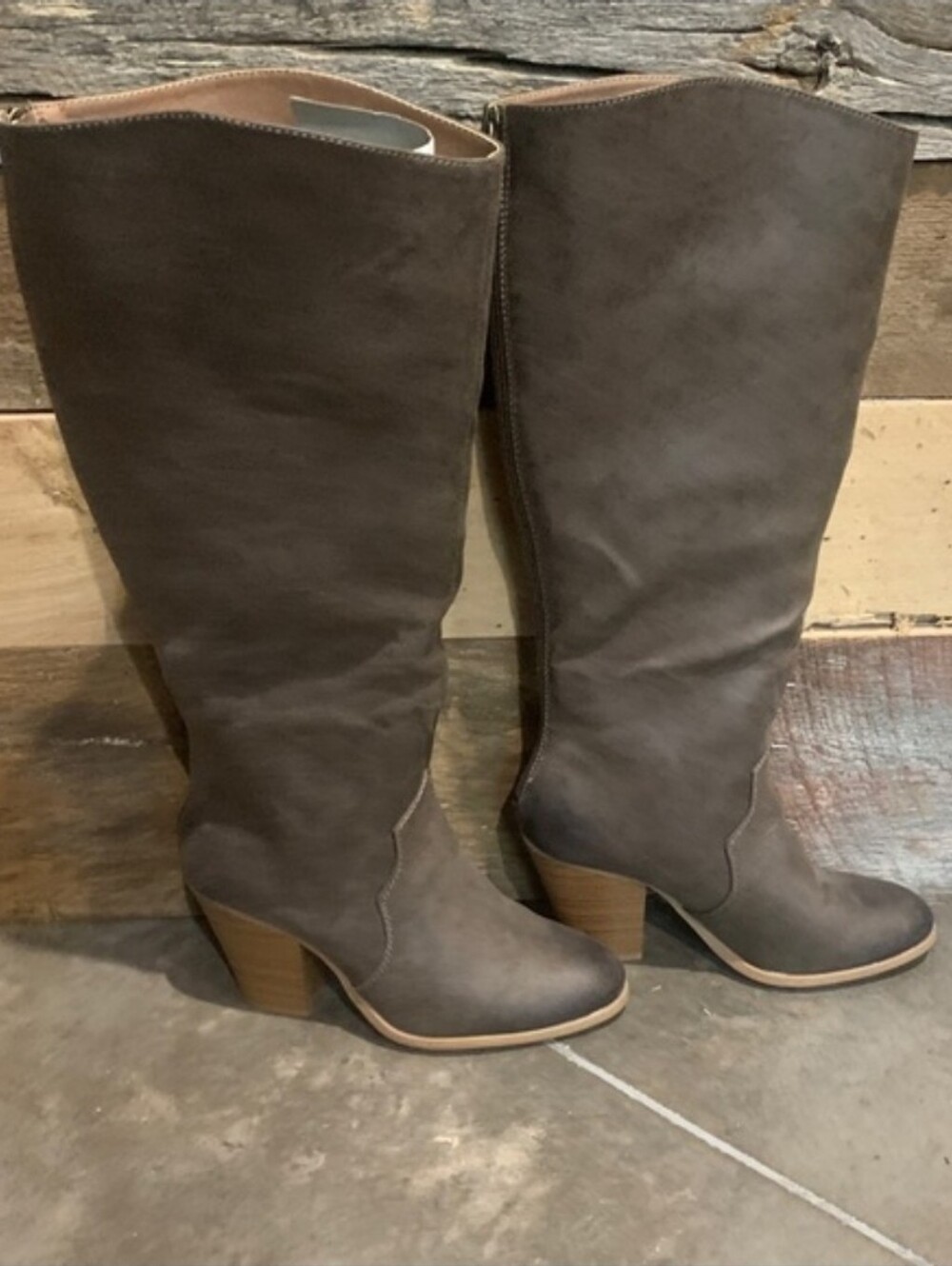 JustFab | Unnati Tall Taupe Leather-Look Boot with Block Heel - Wide Calf